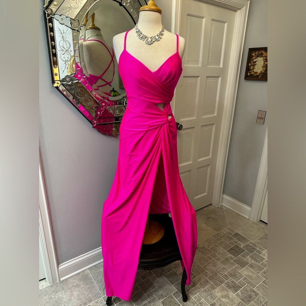 New La Femme Hot Pink Cut Out Cocktail Prom Gala Wedding Party Hi Slit Gown - Picture 5 of 17